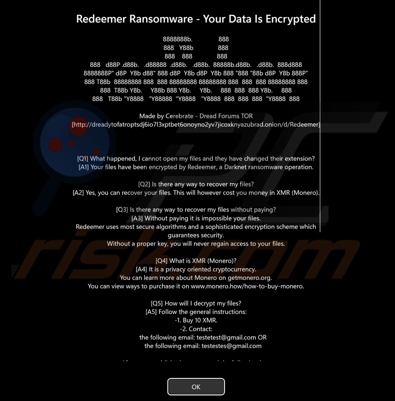 Mensagem do ransomware Redemer 2.0 apresentada antes do ecrã de início de sessão