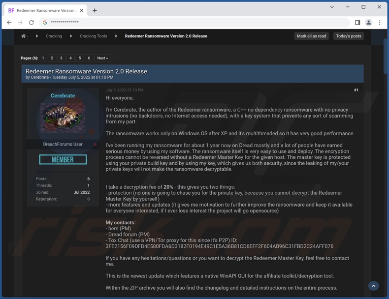 ransomware Redeemer 2.0 promovido online