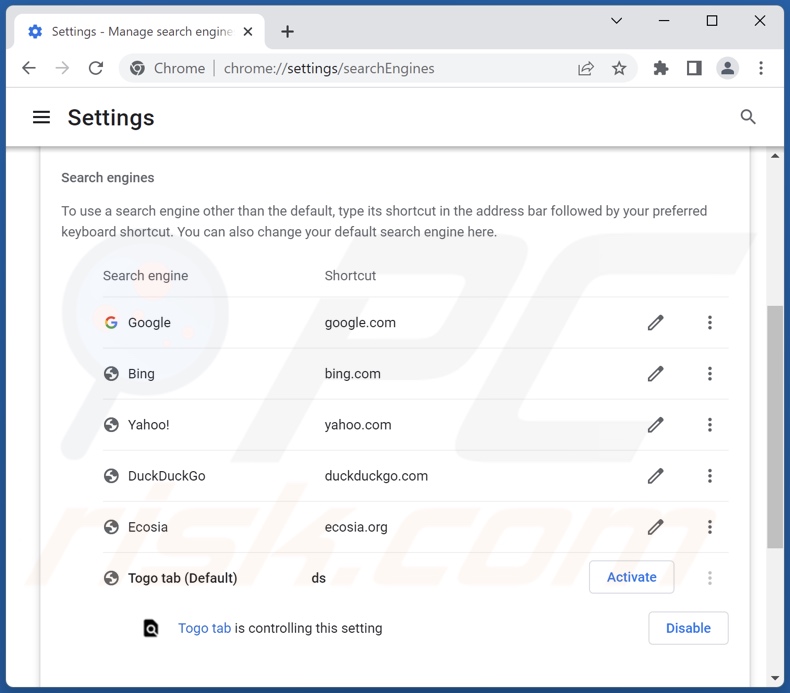 Remoção de togosearching.com do motor de pesquisa padrão do Google Chrome