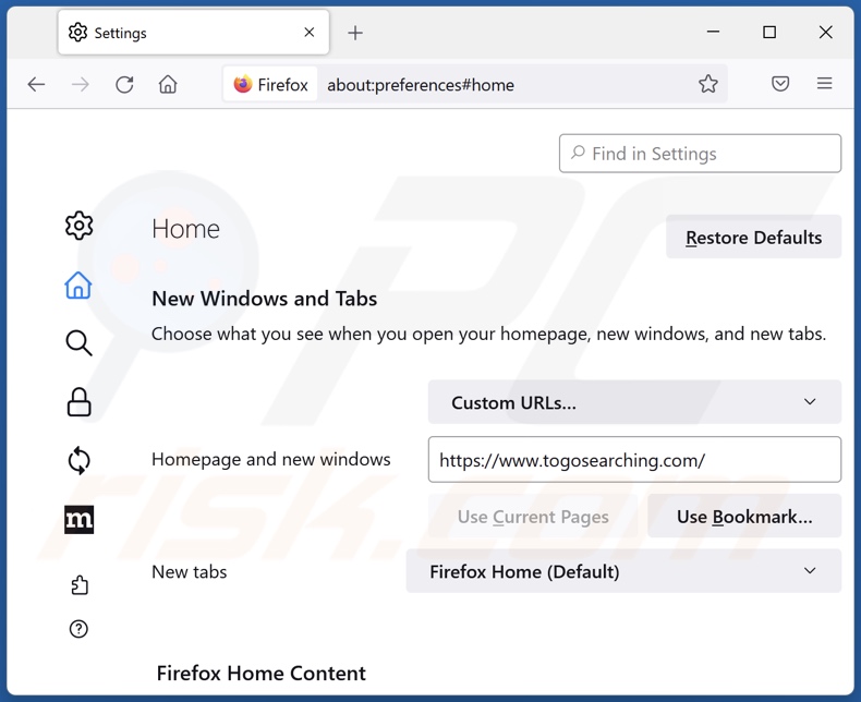 Remoção de togosearching.com da página inicial do Mozilla Firefox