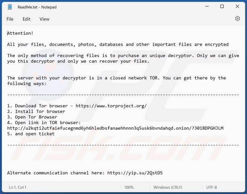 Mensagem de resgate do ransomware U2K (ReadMe.txt)