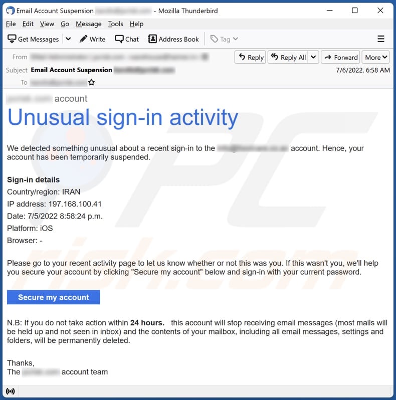 fraude por email Unusual Sign-in Activity email