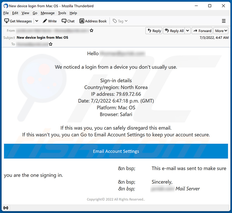 Fraude por Email We Noticed A Login From A Device You Don't Usually Use (2022-07-04)