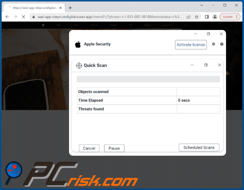 Aparência da fraude Apple Security Center (GIF)