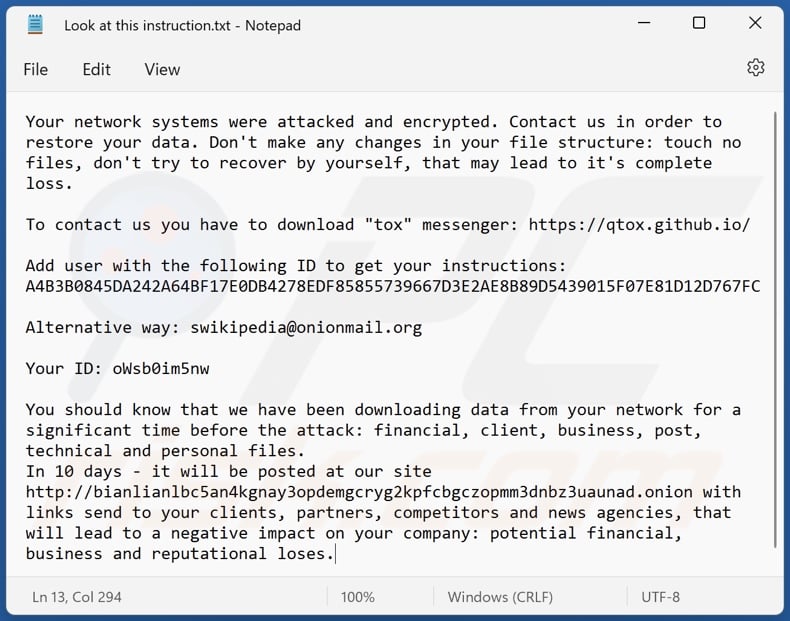 Mensagem de resgate do ransomware BianLian (Look at this instruction.txt)
