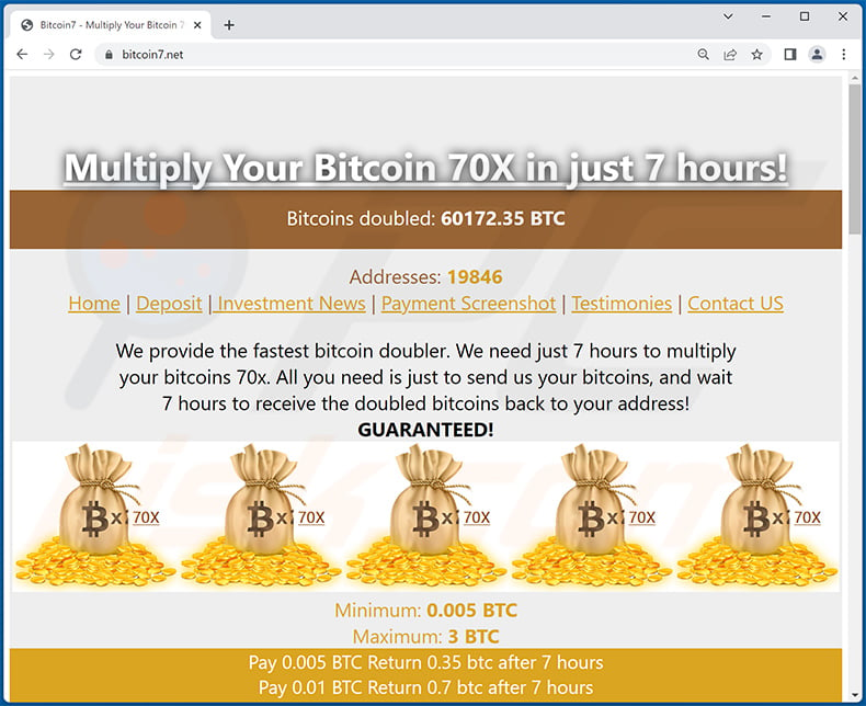 Site de fraude com tema de oferta de Bitcoin (bitcoin7.net)