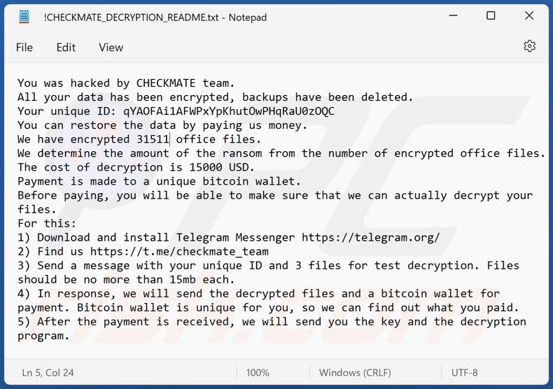 Mensagem de pedido de resgate do ransomware Checkmate (!CHECKMATE_DECRYPTION_README.txt)