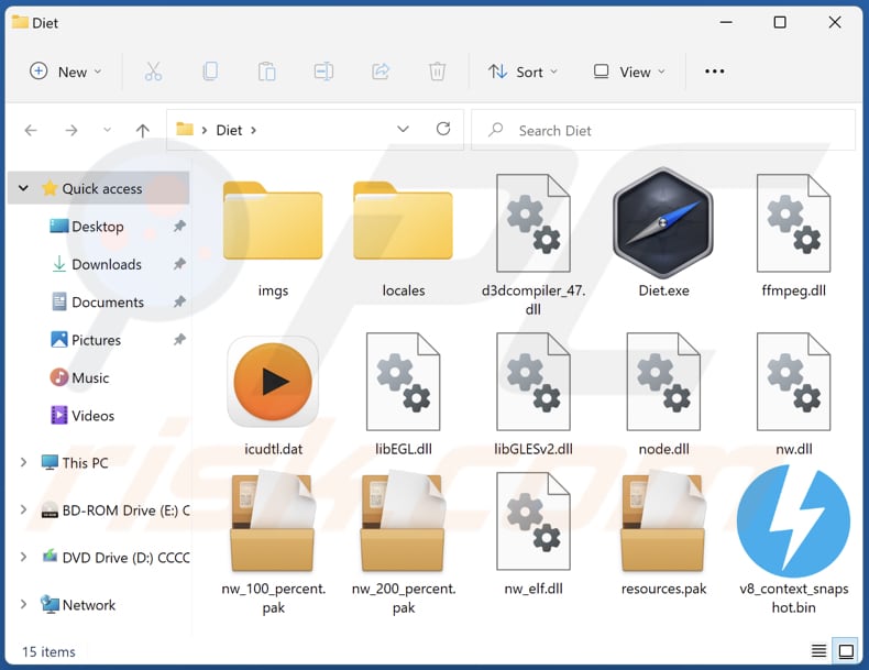 Pasta de instalação de adware Diet e o seu conteúdo