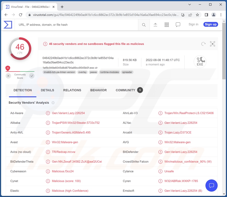 detecções do malware Erbium no VirusTotal