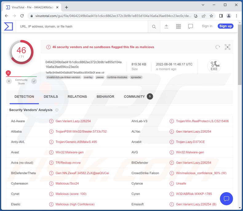 detecções do malware Erbium no VirusTotal