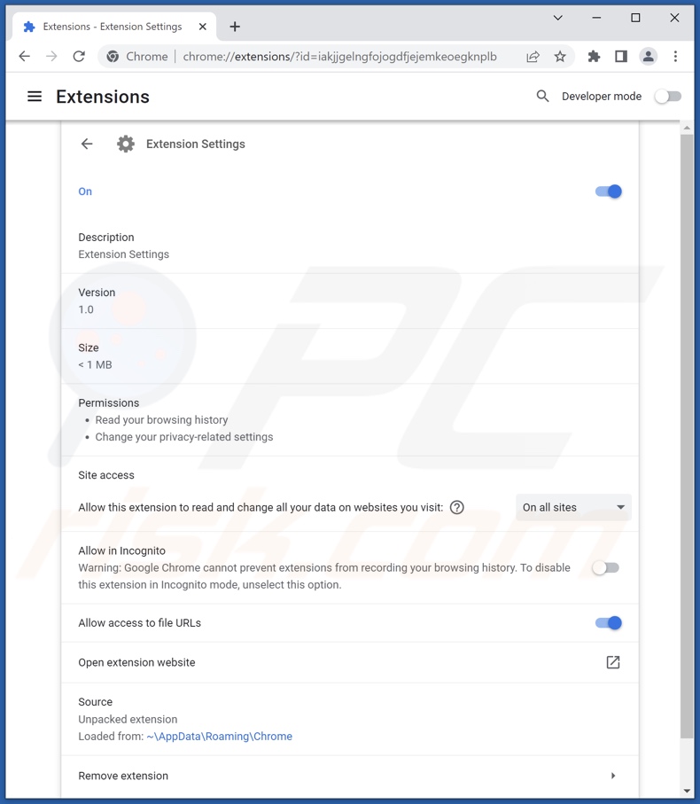 informação detalhada do sequestrador do navegador Extension Settings