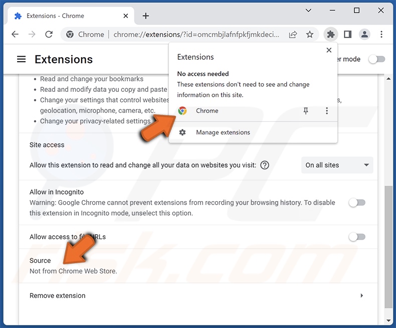 descrição da extensão falsa Chrome
