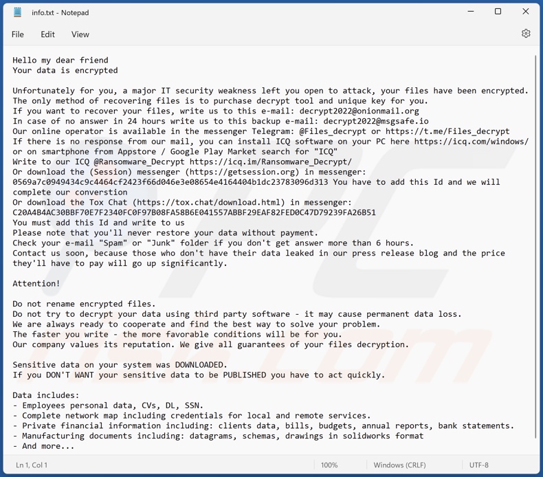 ficheiro de texto do ransomware FLSCRYPT (info.txt)