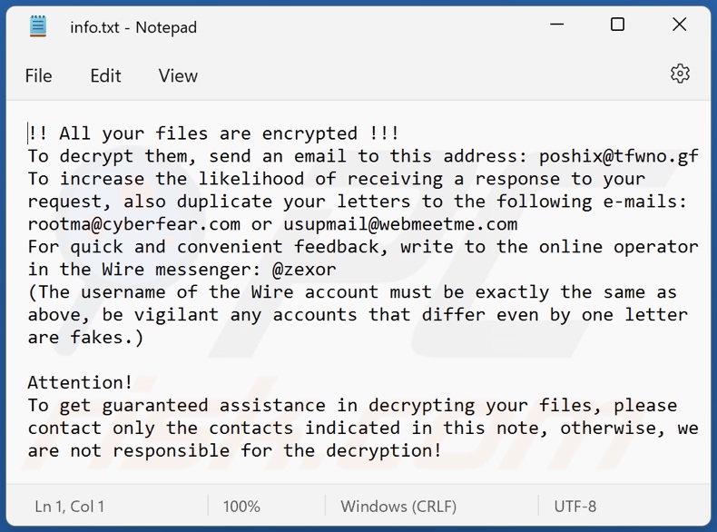 ficheiro de texto do ransomware Fopra (info.txt)
