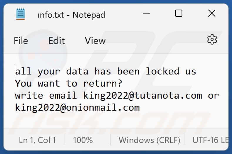 ficheiro de texto do ransomware K1ng (info.txt)