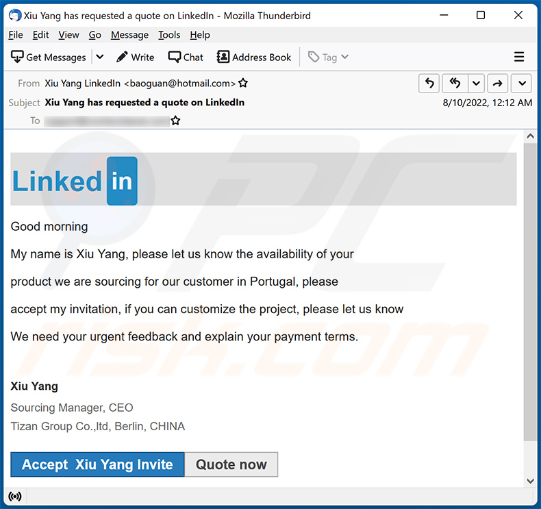 Emails de spam temático no LinkedIn promovendo um site de phishing (2022-08-11)