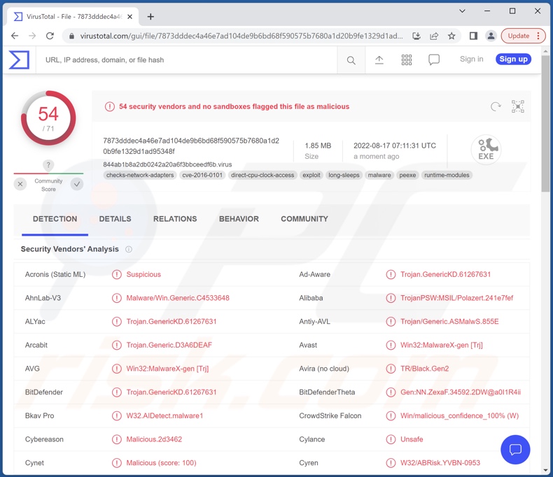 Detecções do malware Lumma no VirusTotal