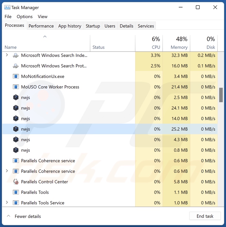 processo do adware OpenSubtitles Uploader no Gestor de Tarefas (nwjs - nome do processo)