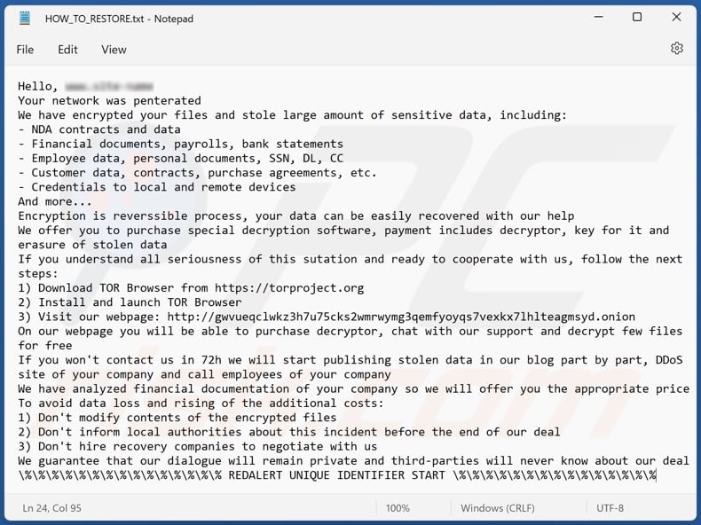 mensagem de pedido de resgate do ransomware RedAlert (N13V) (HOW_TO_RESTORE.txt)