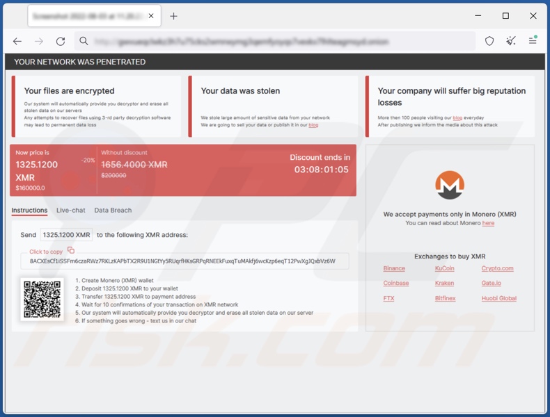 site do ransomware RedAlert (N13V) para pagar resgate