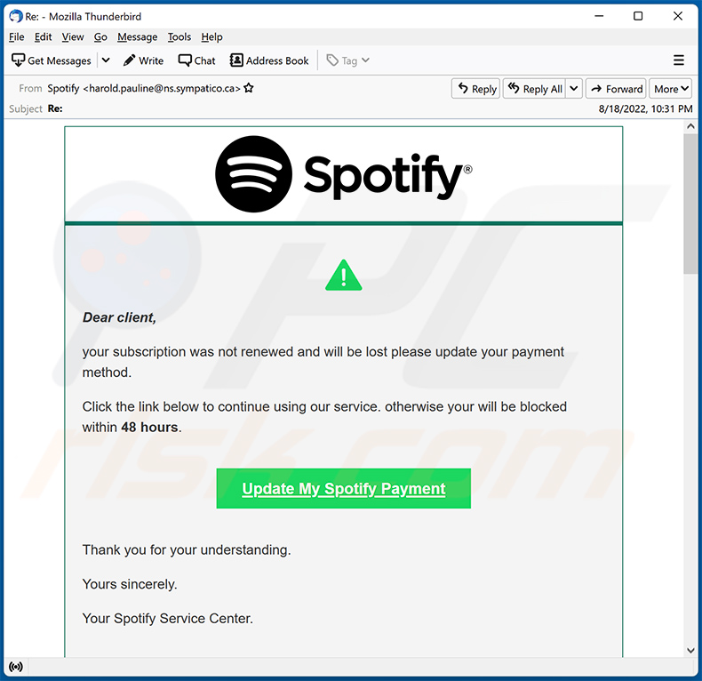 Email de spam temático Spotify usado para promover um site fraudulento (2022-08-19)