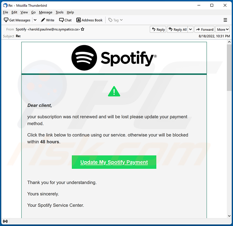Email de spam temático Spotify usado para promover um site fraudulento (2022-08-19)