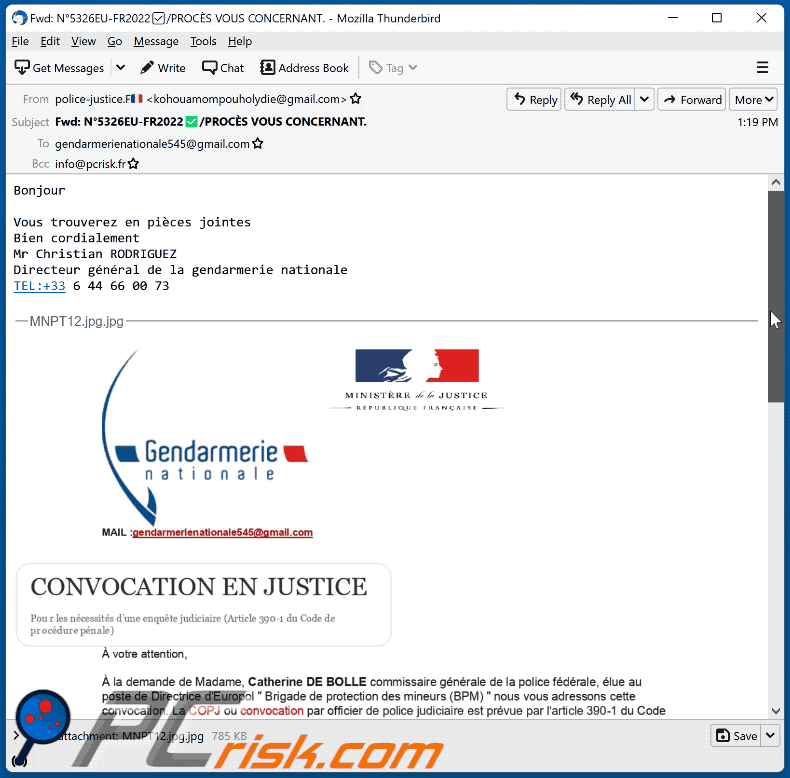 aparência do e-mail fraudulento de Summon To Court For Pedophilia - versão francesa (GIF)