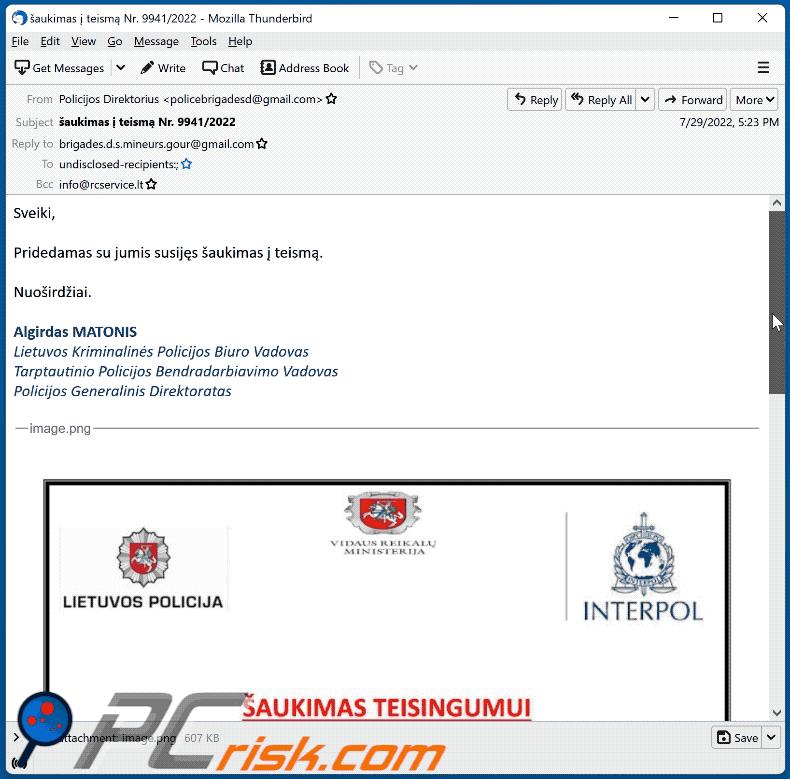aparência do e-mail fraudulento de Summon To Court For Pedophilia - versão lituana (GIF)