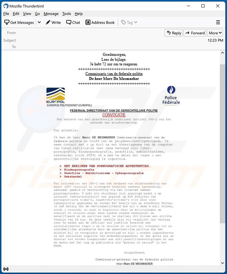 aparência do e-mail fraudulento de Summon To Court For Pedophilia - versão holandesa (GIF)