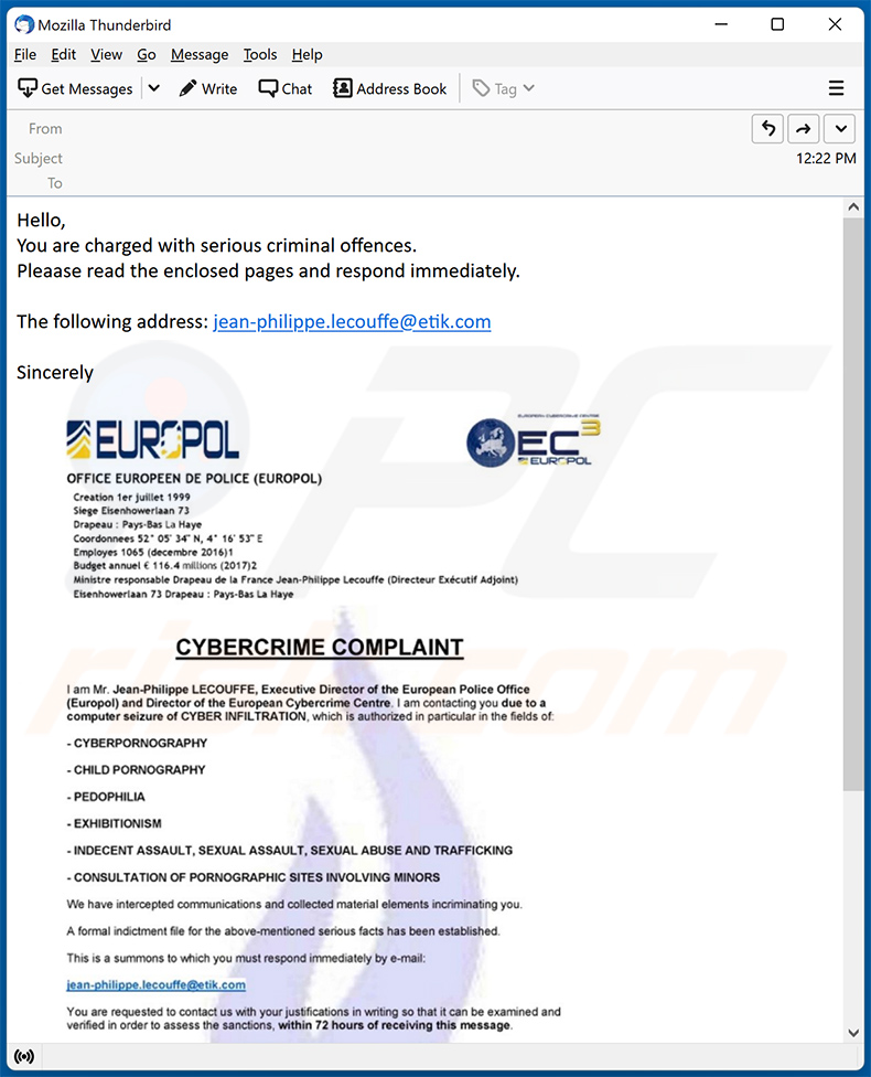 aparência do e-mail fraudulento de Summon To Court For Pedophilia - versão inglesa (GIF)