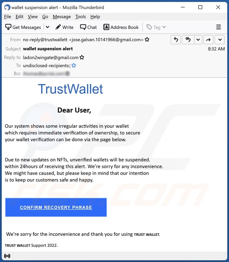 campanha de spam por email TrustWallet