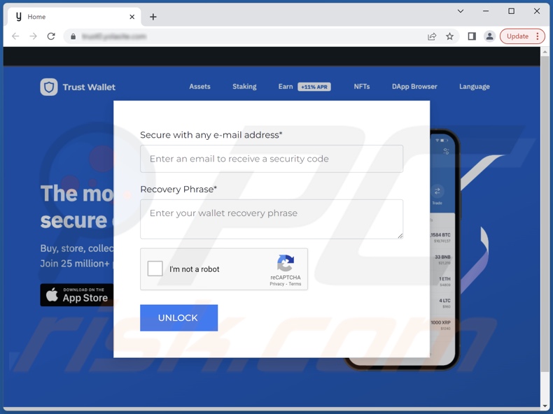 site de phishing TrustWallet promovido via email fraudulento