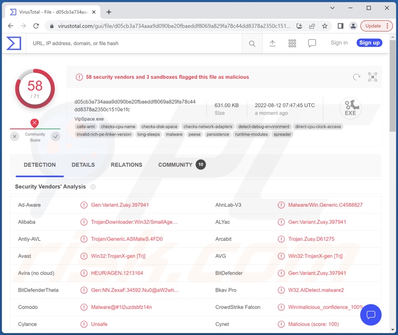 detecções do malware VIPSpace em VirusTotal