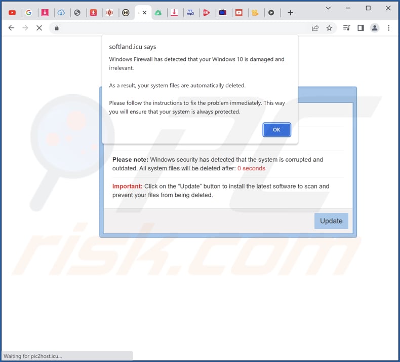 segunda mensagem pop-up da fraude pop-up windows firewall has detected that your windows is damaged and irrelevant