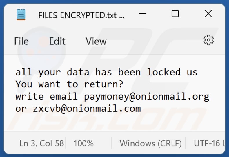 ficheiro de texto do ransomware Zxcvb (FILES ENCRYPTED.txt)