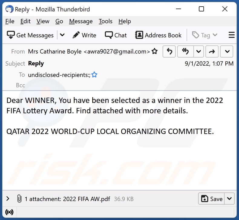 campanha de spam por email 2022 FIFA Lottery Award
