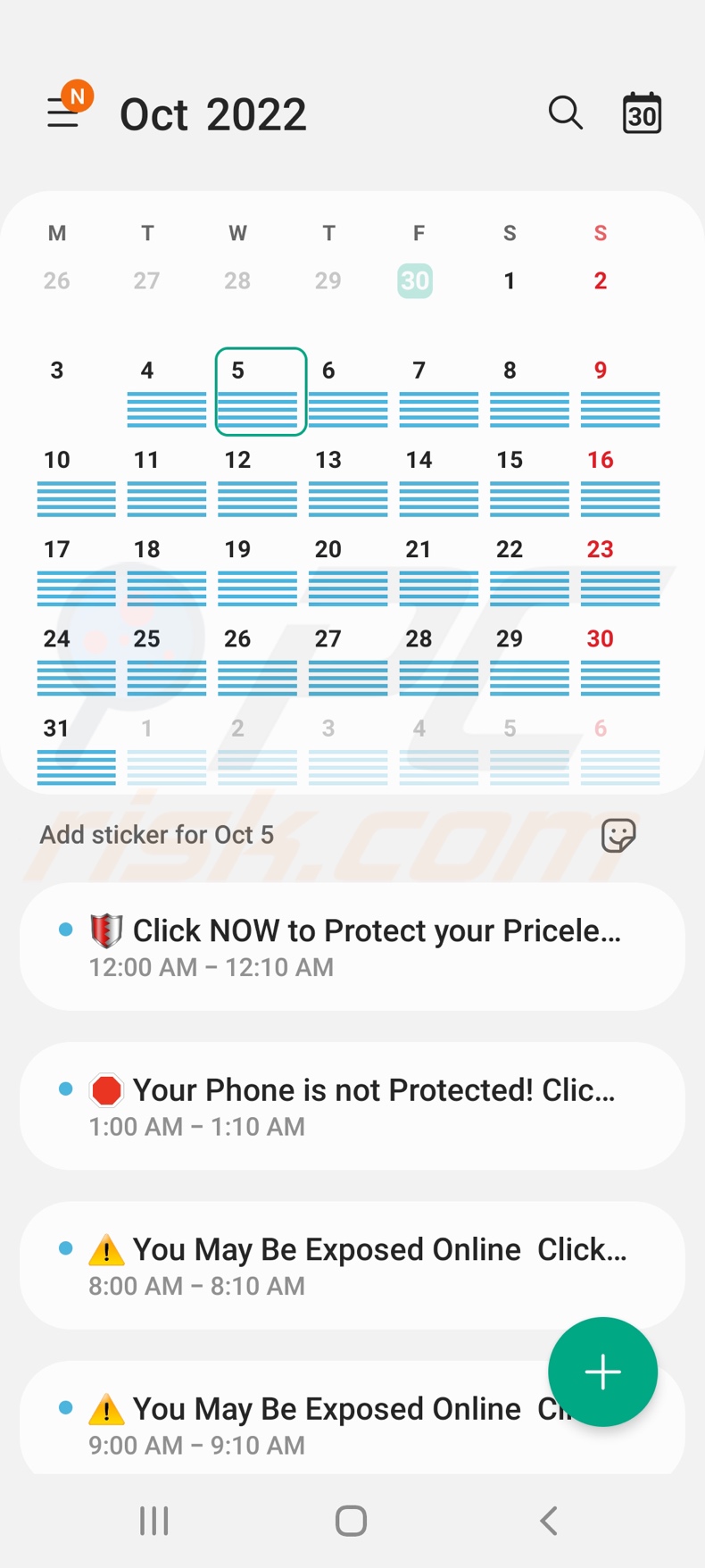 aparência do calendário afectado pelo vírus Ads Blocker