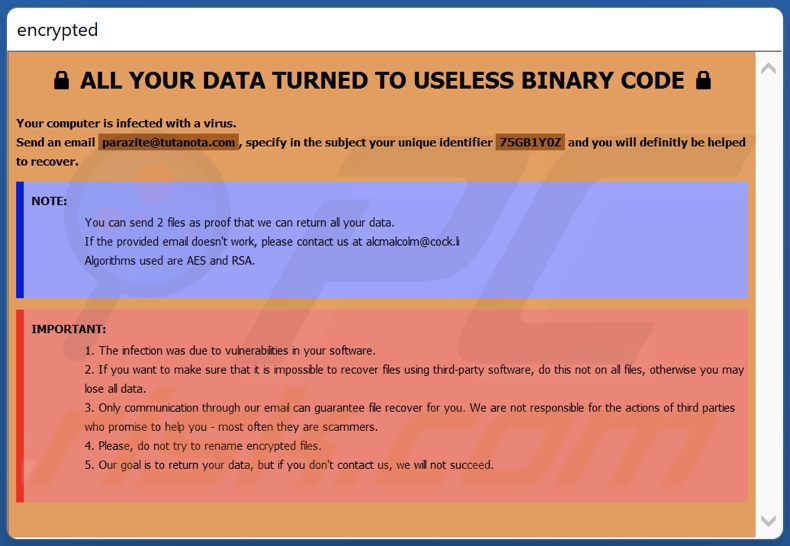 nota de resgate do ransomware Arazite (info.hta)