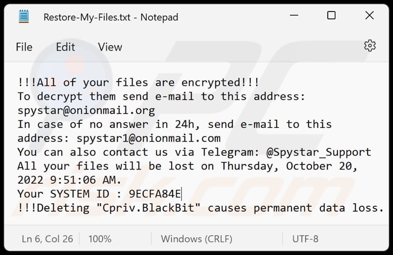 ficheiro .txt do ransomware blackbit (Restore-My-Files.txt)