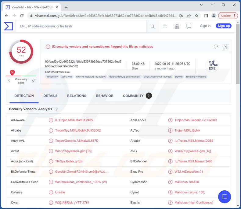 Detecções de malware Bobik em VirusTotal