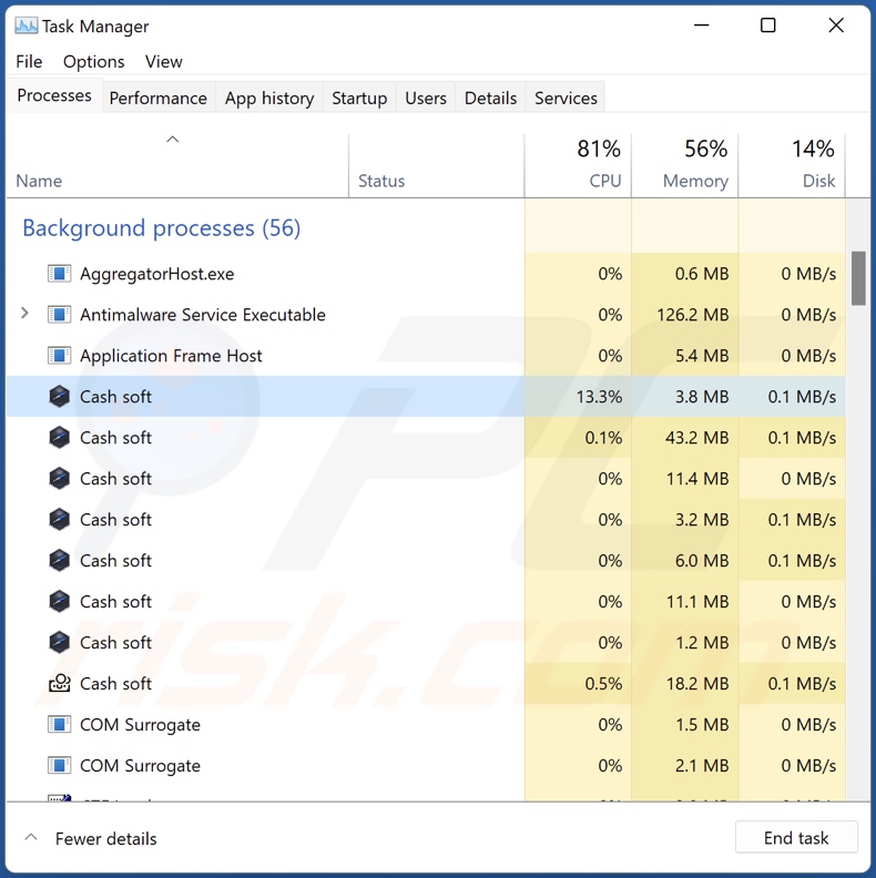 Processo do adware Cash no Gestor de Tarefas (Cash soft - nome do processo)