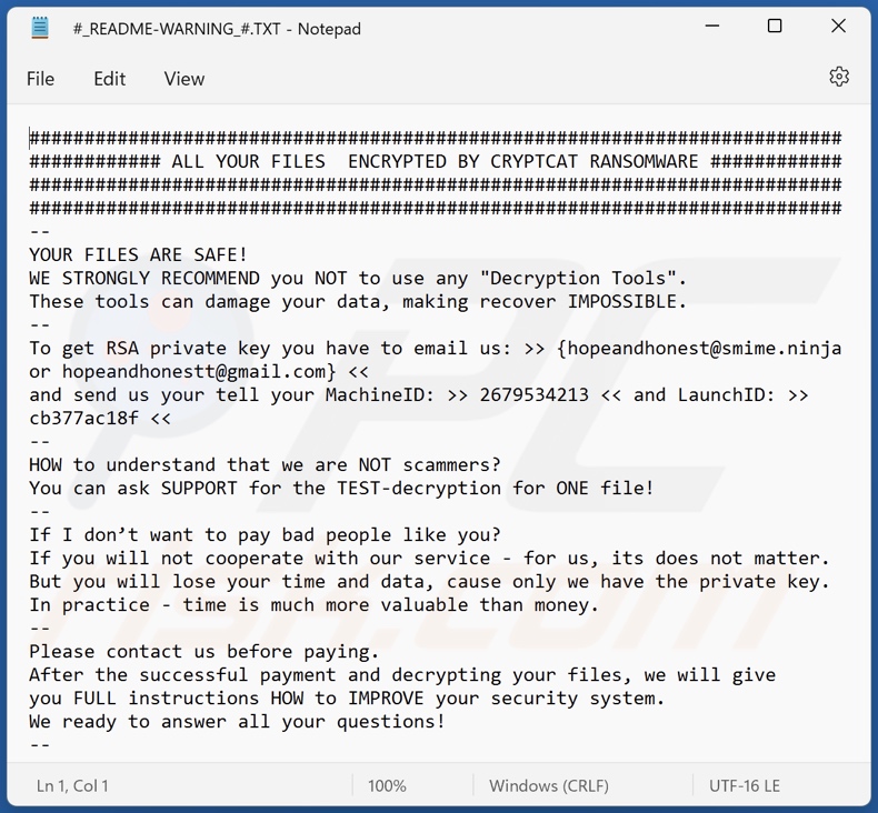 CRYPTCAT ransomware mensagem de pedido de resgate (#_README-WARNING_#.TXT)