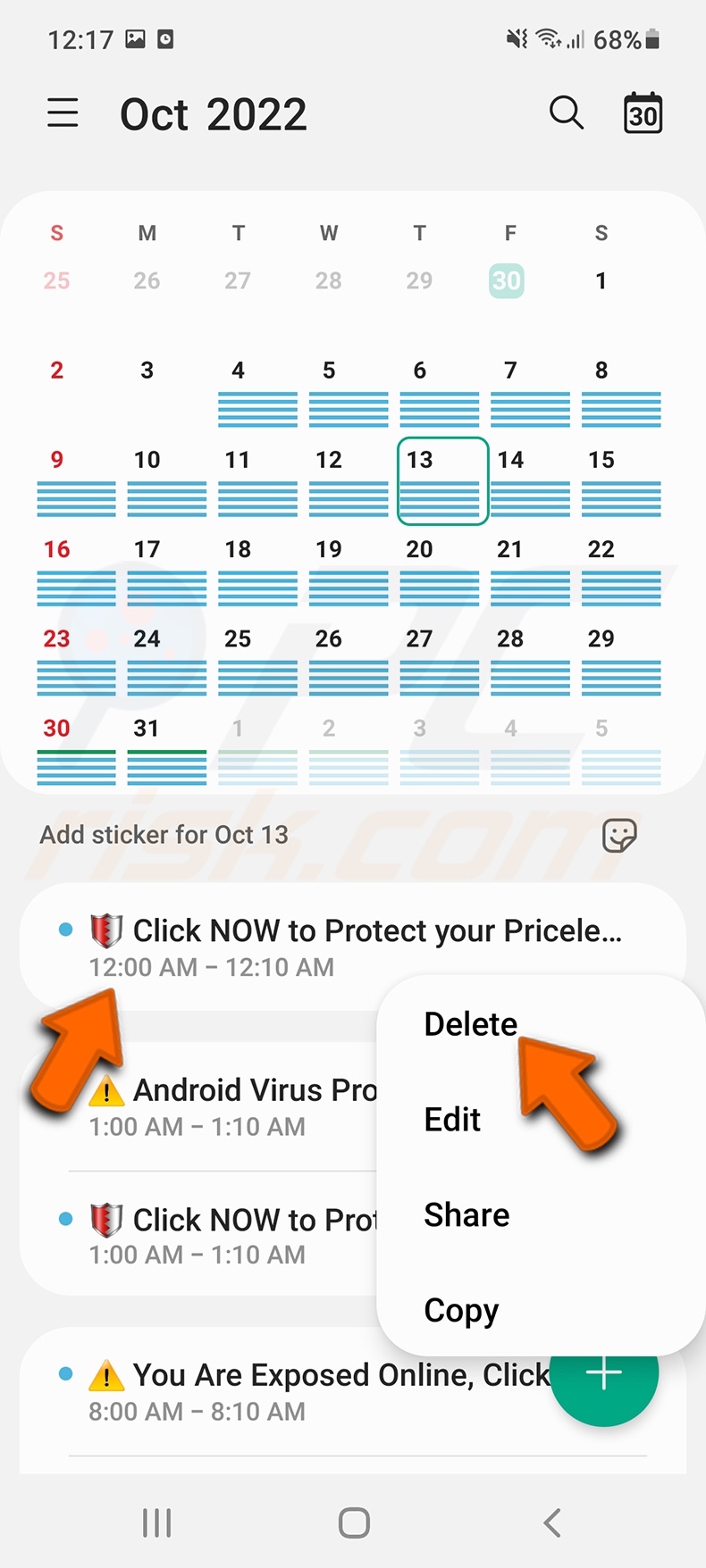 remoção de Deceptive calendar events (Calendário Samsung)