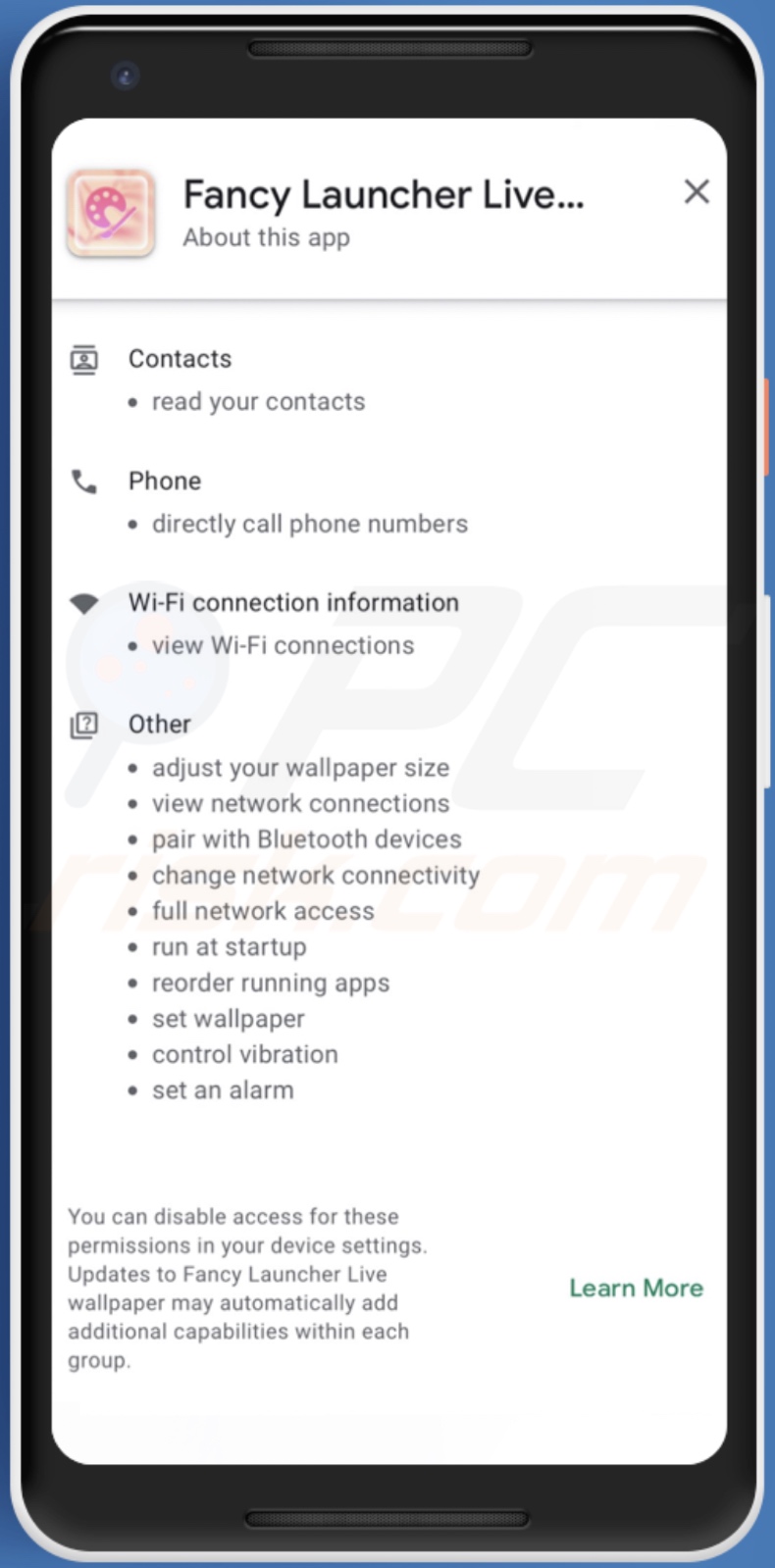Permissões pedidas pelo malware Harly (Fancy Launcher Live fundo do ambiente de trabalho - disfarce)
