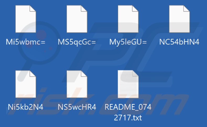 Ficheiros encriptados pelo ransomware HORNET (ficheiros renomeados com uma cadeia de caracteres aleatória)