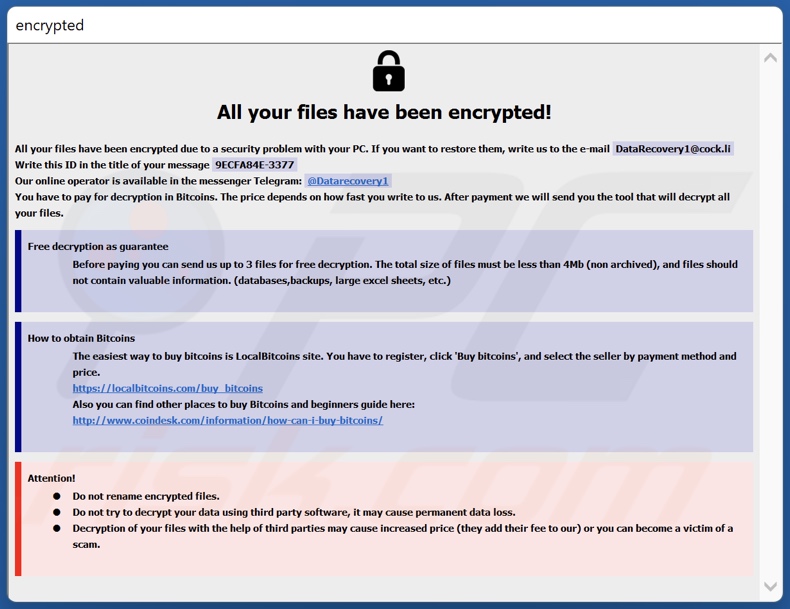 Mensagem de pedido de resgate do ransomware MLF (info.hta)