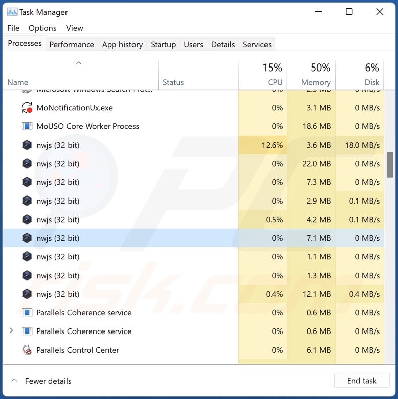 Processo de adware Mobile no Gestor de Tarefas (nwjs - nome do processo)