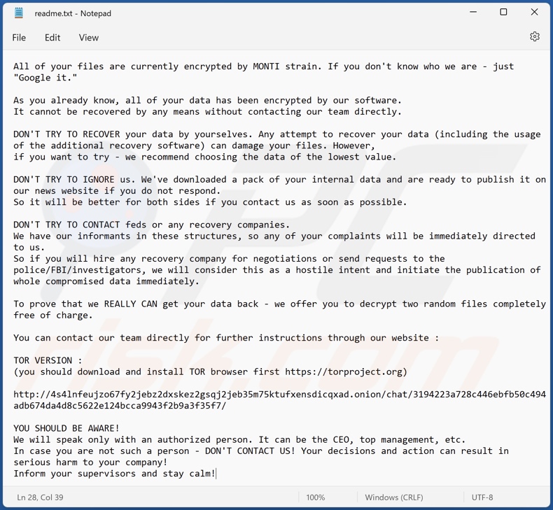 Mensagem de resgate do ransomware de MONTI (readme.txt)