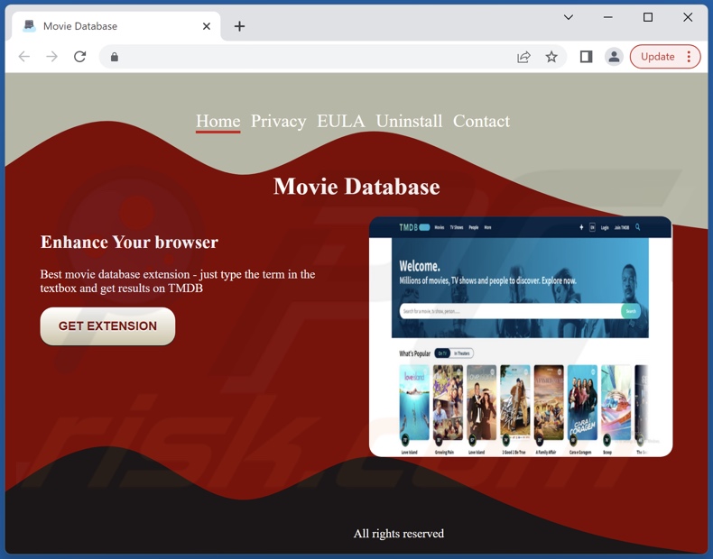 Site de promoção do adware Movie Database