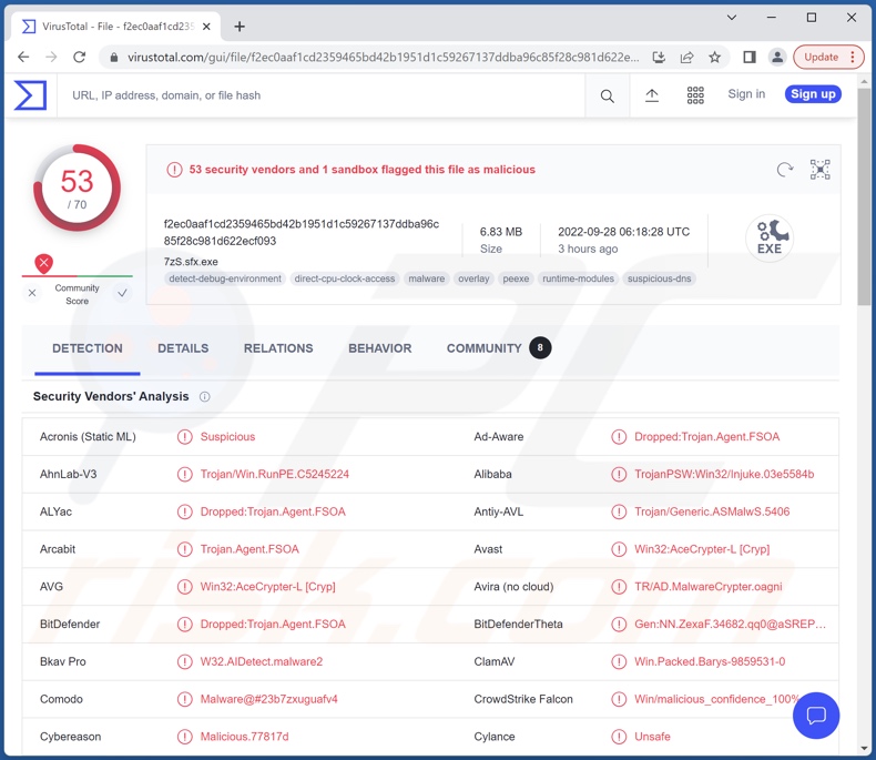 Detecções malware de NullMixer em VirusTotal